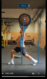 Result player paused at the split jerk catch, showing the blue movement path and 80 kg.